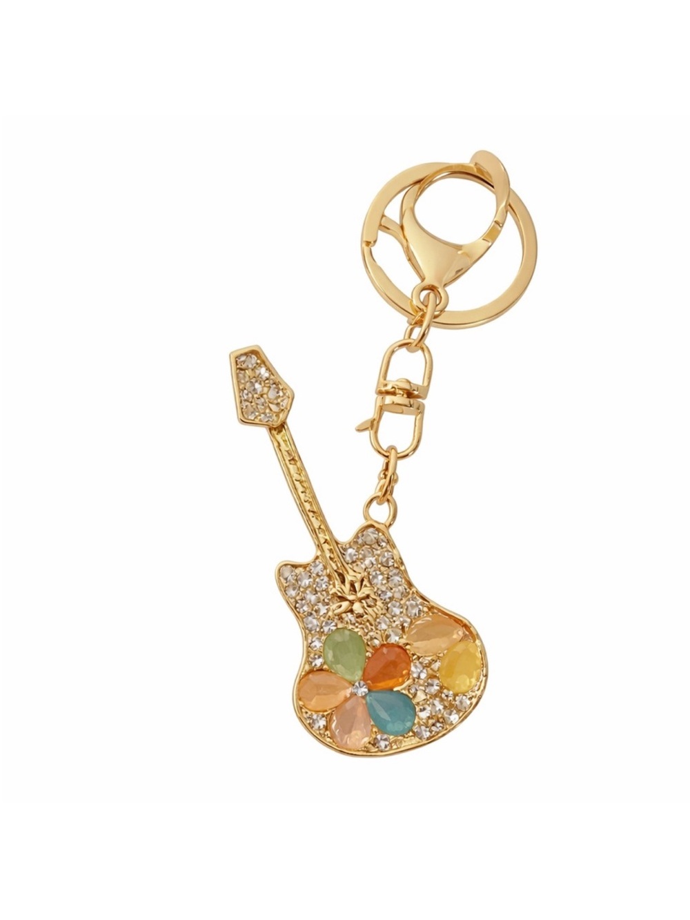 Gold Guitar Keychain with Multicolor Flower Gems